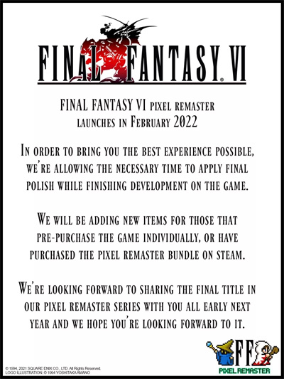 《最终幻想6像素复刻版》推迟2022年2月发售曝光首张截图